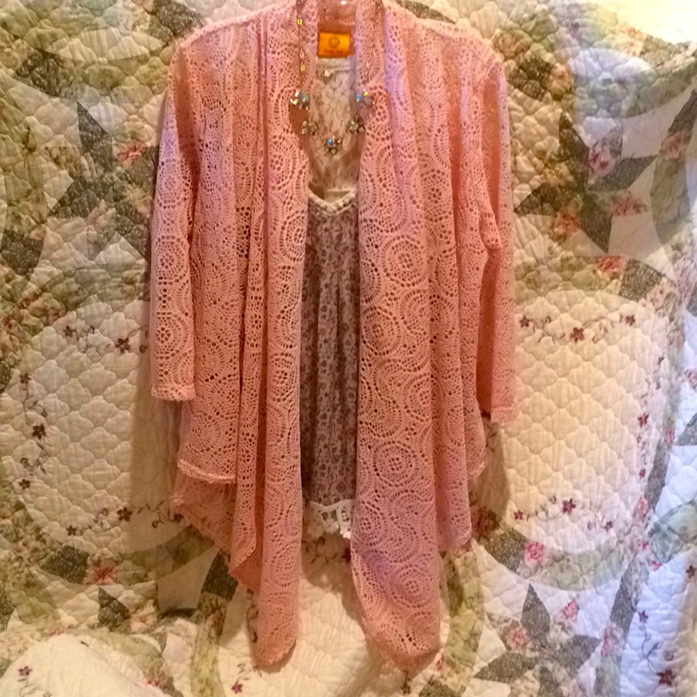 Peachy pink lace mesh hi lo cardigan